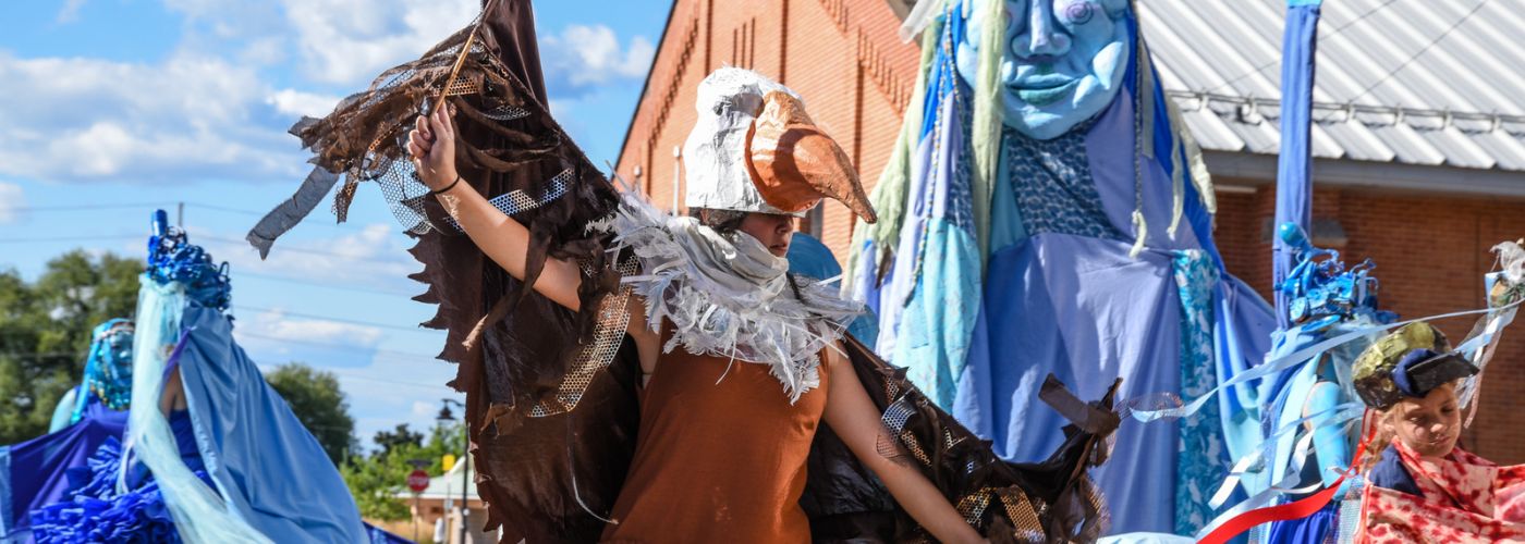 Two people dressed in large bird puppet costumes.